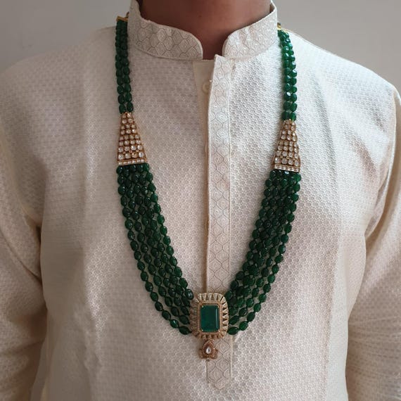 Green Beaded Groom Mala Necklace, Layered Wedding Jewelry for Men, Sherwani Necklace, Indian Groom Accessories