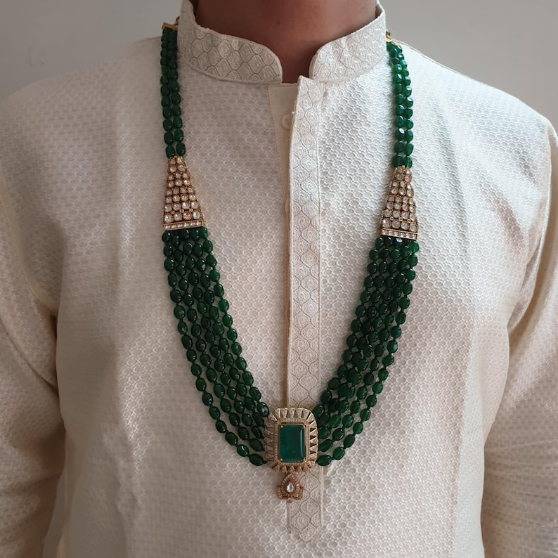 Green Beaded Groom Mala Necklace, Layered Wedding Jewelry for Men, Sherwani Necklace, Indian Groom Accessories, Emerald Green Color Kundan Polki Groom Necklace, Indian Wedding Jewelry, Groomsman Necklace Set