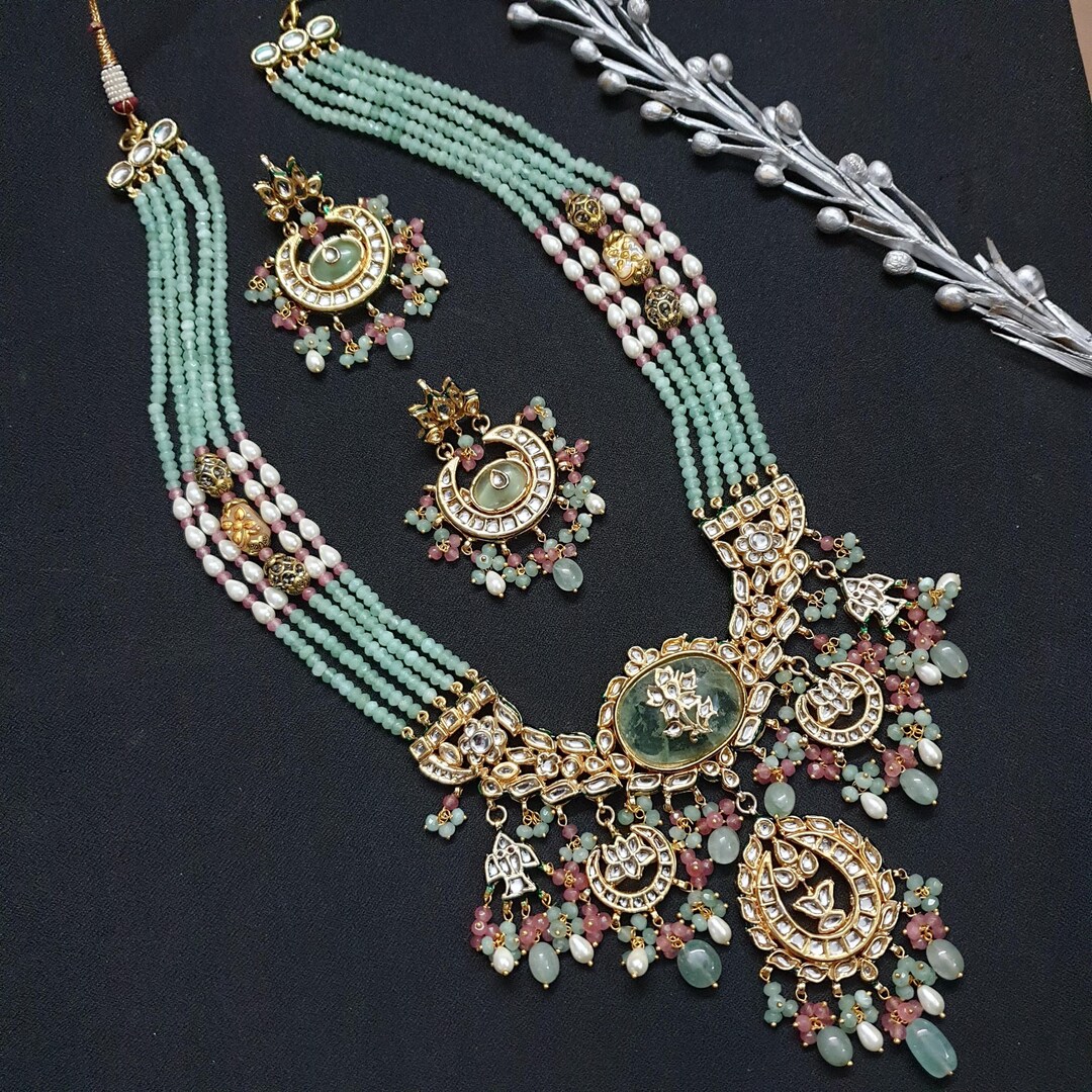 Gold Plated Green And White Round Kundan Polki Ring