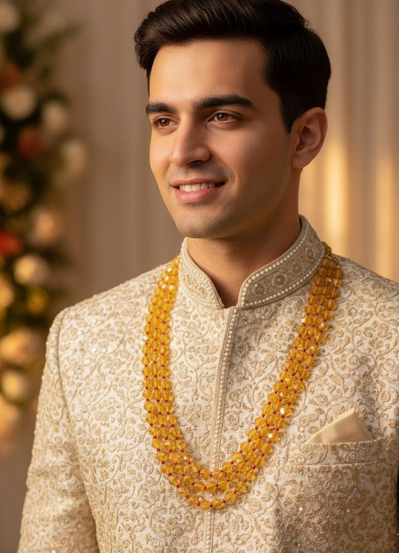 Yellow Beads Necklace For Groom, Sherwani Necklace, Dulha Necklace, Long Necklace For Groom, Indian Wedding Jewellery, Pakistani Wedding