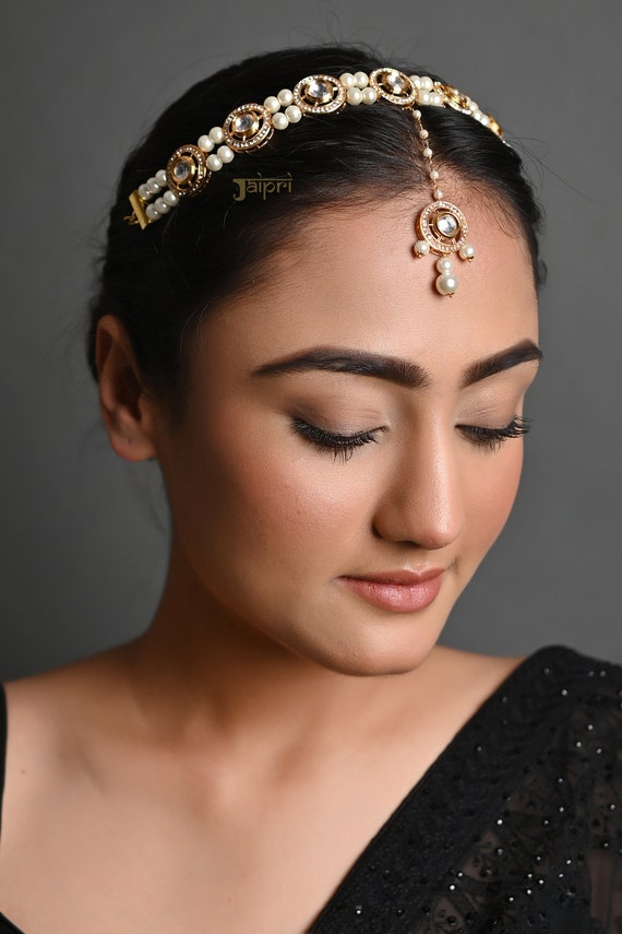 I Jewels Gold Plated Metal Traditional Floral Kundan Pearl Studded  Rajasthani Sheeshphool/SheeshPatti for Women (T2066Q) - I Jewels - 4036390