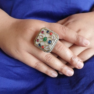 Sabyasachi Inspired Kundan Gold Plated Ring/ Floral Kundan Ring/ Multi Stone Gold Plated Ring/ Bollywood Ring/ Traditional Floral Ring