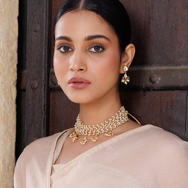 Bollywood Pearl Beaded Choker Kundan Polki Necklace Set, Kundan Pearl Dainty Necklace, Indian Layered Gold Choker Necklace, Wedding Jewelry
