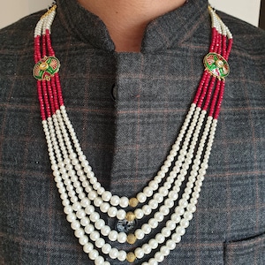 Pearl Red Necklace For Groom, Sherwani Necklace, Meenakari Necklace, Long Necklace For Groom, Indian Wedding Jewellery, Pakistani Wedding