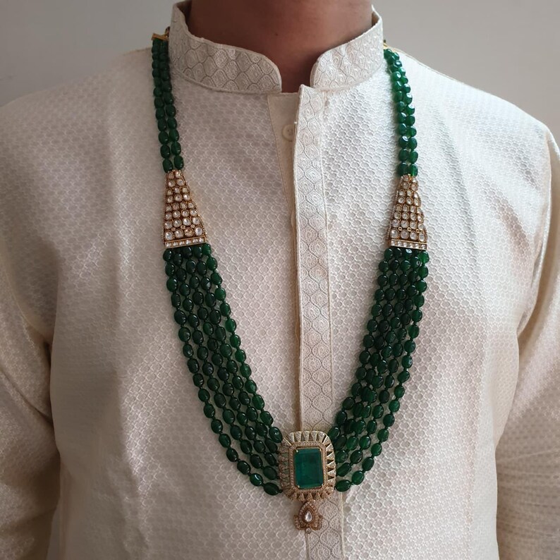 Collar de novio Kundan Polki verde, joyería de boda en capas para hombres, collar Sherwani, accesorios indios para novio, regalo de boda para él imagen 3