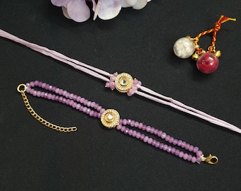 Purple Kundan Beaded Couple Rakhi, Rakhi for Bhaiya and Bhabhi, Rakshabandhan 2025, Bhai Bhabhi Rakhi, Handmade Bracelet, 100% Cotton Rakhi