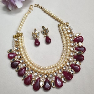 Ruby Red Kundan Layer Necklace Set With Earrings, Indian Jewelry, Bollywood Jewelry Set, Sabyasachi Inspired Jewelry, Multi Layered Necklace