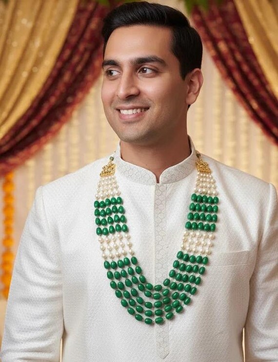 Green Beaded Groom Necklace, Pearl Layered Indian Wedding Mala, Dulha Haar for Men, Sherwani Jewelry, Traditional Groom Accessories