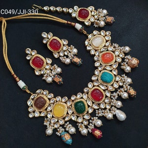 JP520 - Heavy Navratan kundan carved beads necklace with freshwater pearls. Comes with matching earings and Maangtika main image 0