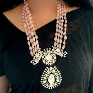 Rose Quartz Beads Kundan Polki Indian Bridal Wedding Necklace, Indian Jewelry, Pakistani Jewelry, Bollywood Jewelry, Sabyasachi Necklace Set
