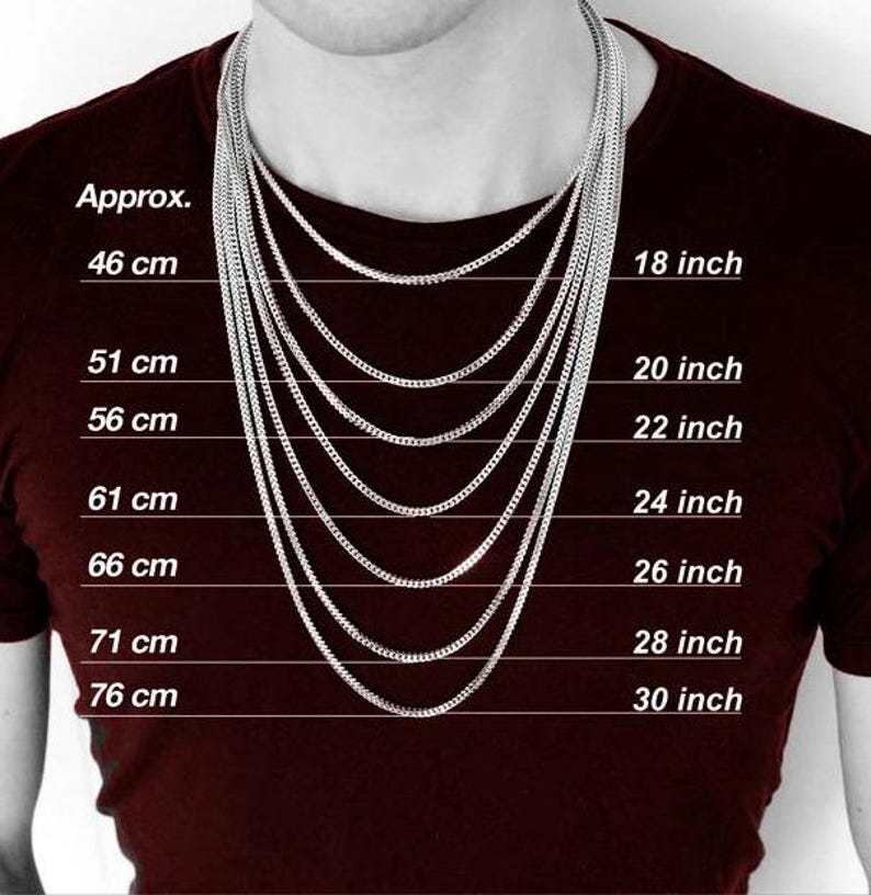 Pode incluir: Um guia de comprimentos de corrente de colar em polegadas e cent&iacute;metros. A imagem mostra um modelo usando uma variedade de comprimentos de corrente, que v&atilde;o de 18 polegadas a 30 polegadas. Os comprimentos s&atilde;o etiquetados em polegadas e cent&iacute;metros.