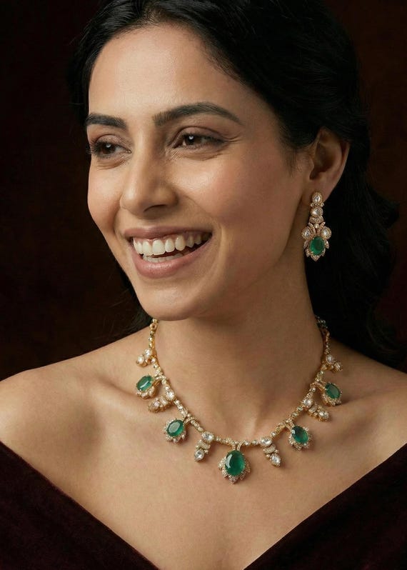 Green Kundan Necklace Set, Emerald Stone Indian Jewelry, Polki Choker Necklace with Earrings, Festive Ethnic Jewelry, Gift for Her