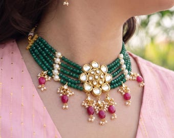 Kundan Green Beaded Bridal Wedding Choker Necklace Set With Earrings, Indian Jewellery, Pakistani Jewelry, Sabyasachi Inspired Jewellery