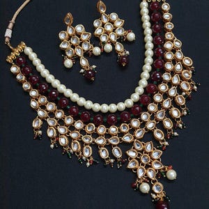 Conjunto de colar e brincos para noivas asiáticas, joias de estilo indiano para festa de casamento, conjunto com pedras Kundan, polimento antigo