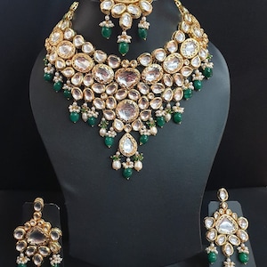 Kundan Polki Necklace With Earrings And Maangtikka, Indian Jewelry, Sabyasachi Necklace, Indian Bridal Wedding Jewellery, Kundan Jewelry Set