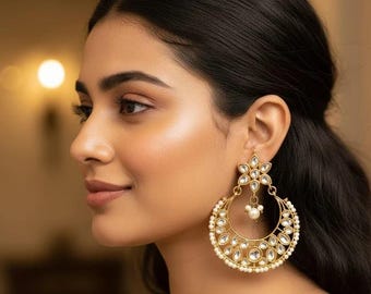 May include: A gold-toned crescent-shaped earring featuring a central flower motif at the top, inlaid with clear stones, and bordered by small white pearls. The design includes a dangling pearl element suspended from the flower center.
