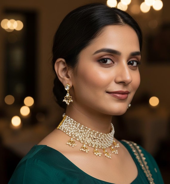Bollywood Pearl Beaded Choker Kundan Polki Necklace Set, Kundan Pearl Dainty Necklace, Indian Layered Gold Choker Necklace, Wedding Jewelry