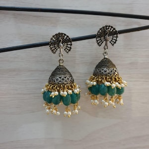 Ethnic Indian Green Copper Jhumkas Earrings/Antique Golden Oxidized Earrings/Handmade Oxidized Earrings/Temple Jhumka/Earrings for women