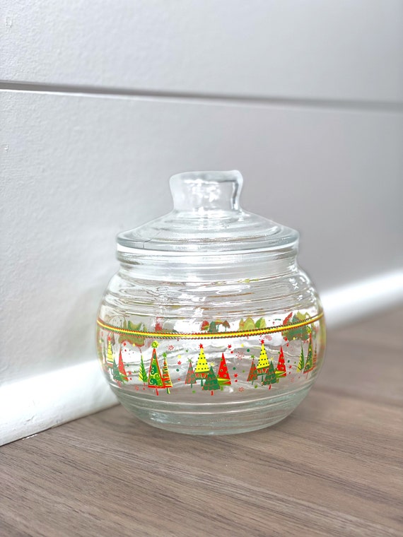Vintage KIG Indonesia Clear Glass Cookie Jar Canister Fruit Pattern