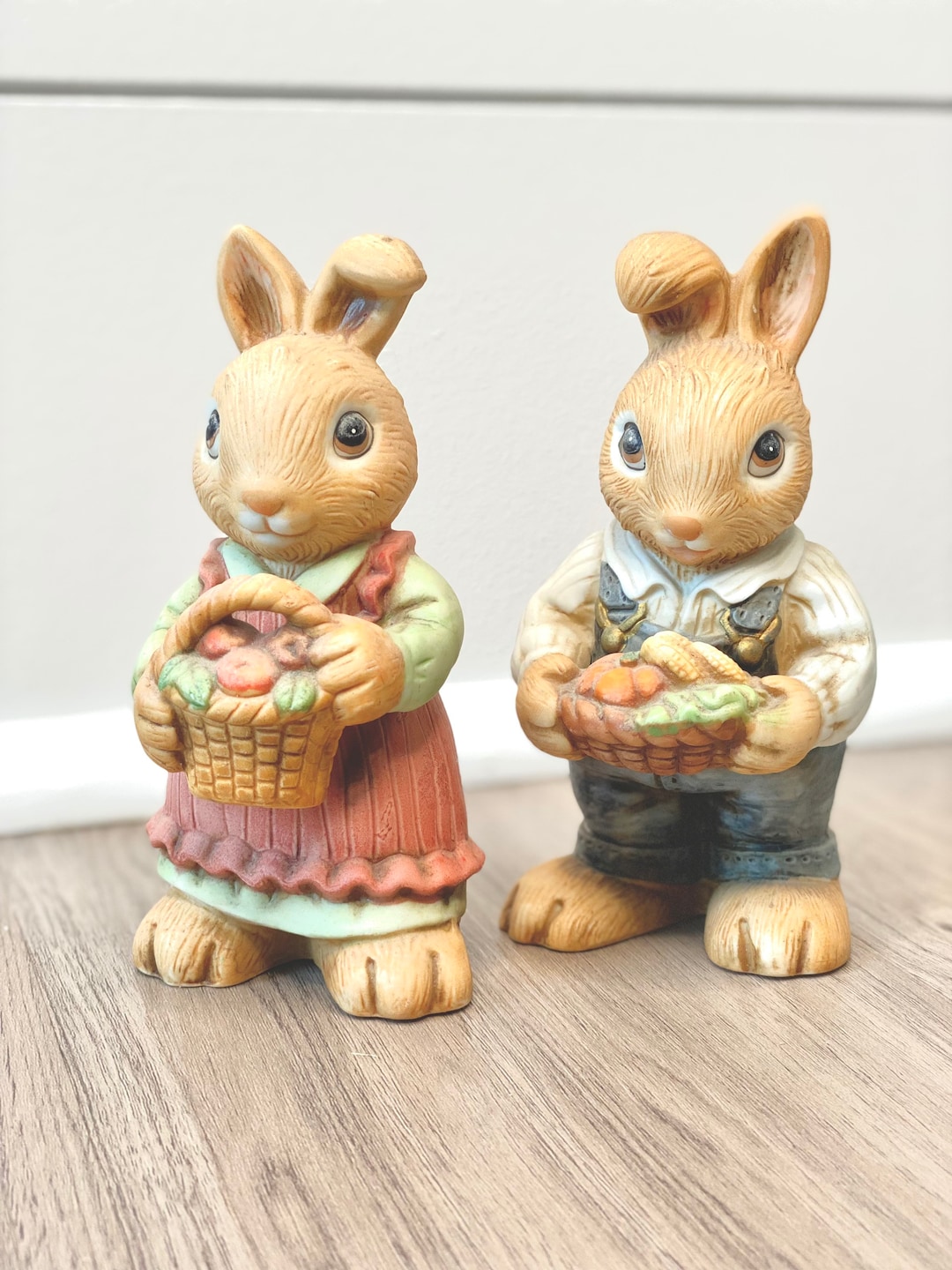 Vintage HOMCO Bunny Rabbit Couple Farmer Figurines, Vintage HOMCO