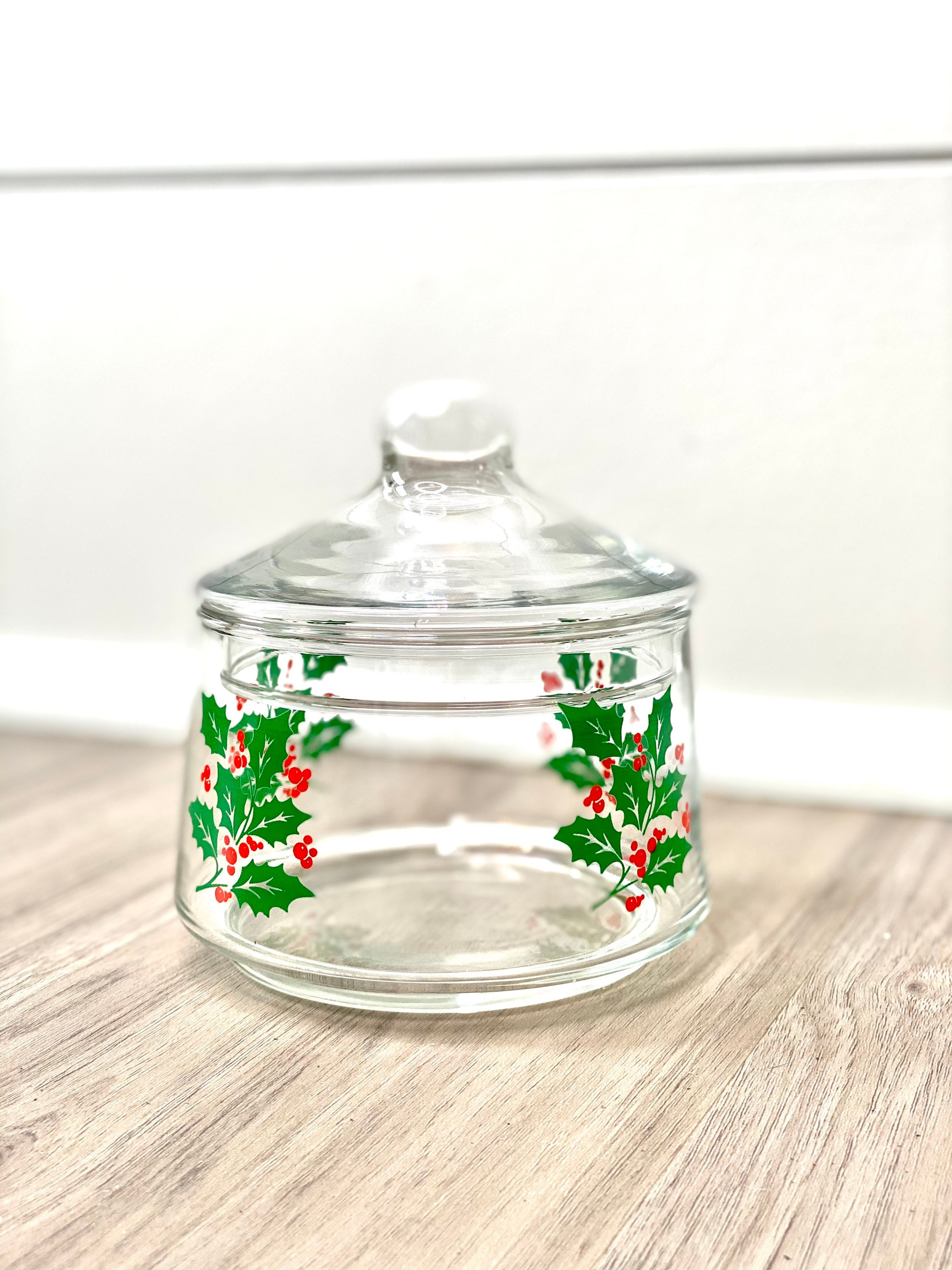 Pair of Vintage Clear Glass Christmas Holly Candy Jars With Lids Stackable