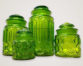 Le Smith Emerald Green Glass Moon & Stars Canister, Le Smith Avocado Green glass Jar, Le Smith Moon and Star Glass Jar, Green glass jar, Jar