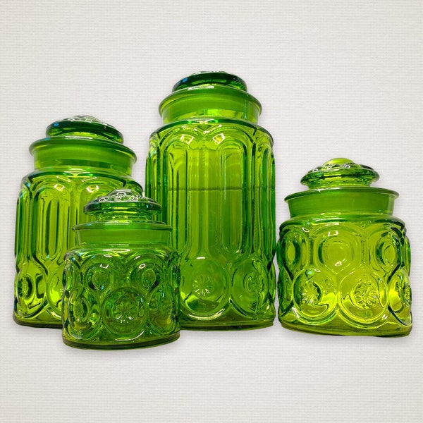 Le Smith Emerald Green Glass Moon & Stars Canister, Le Smith Avocado Green glass Jar, Le Smith Moon and Star Glass Jar, Green glass jar, Jar