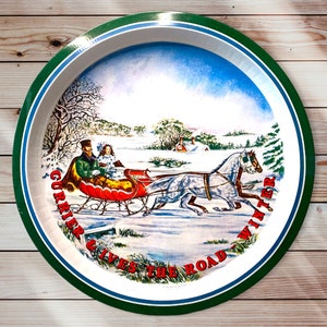 Currier & Ives Winter Metal Serving Plate, Vintage Collectible Currier and Ives, Currier and Ives winter plate, 1984 The Road Winter Plate