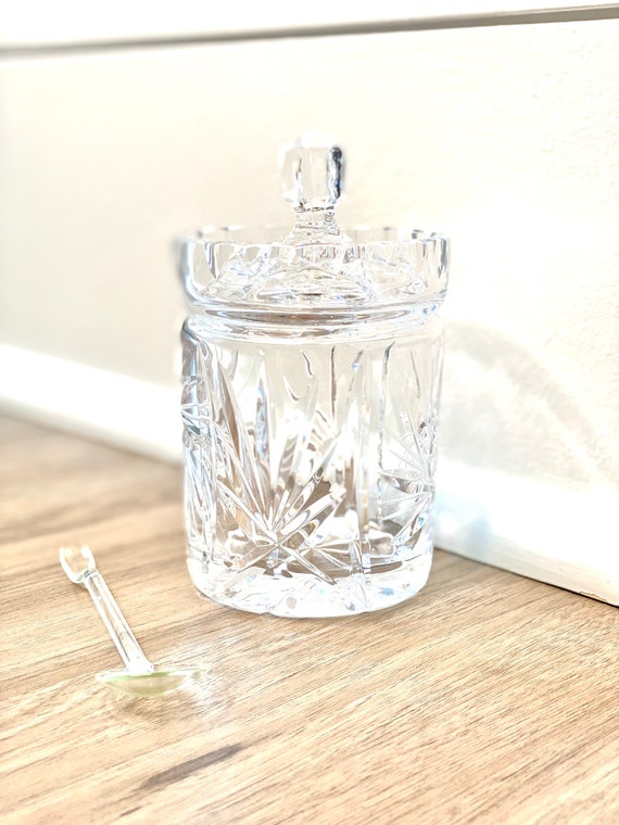 Vintage Crystal Glass Sugar Jar & Spoon, Vintage Sugar Jar, Vintage Jam Jar,  Vintage Marmalade Jar, Vintage Jelly Jar, Sugar Jar, Glass Jar 