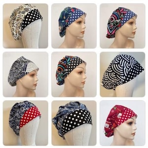 May include: A collage of nine patterned scrub caps. The caps feature various designs, including polka dots, floral prints, and abstract patterns. The color palette includes blue, red, black, and white. Each cap is displayed on a mannequin head.