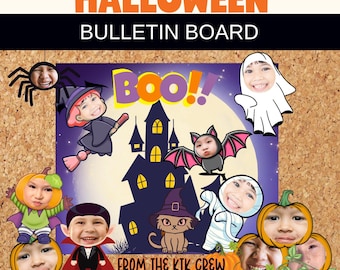 Könnte beinhalten: Halloween-Themen-Pinnwand mit dem Text "Halloween Bulletin Board" und "Boo!" in Orange und Lila. Die Tafel zeigt Cartoon-Bilder einer Hexe, einer Fledermaus, eines Geistes, einer Mumie, eines Vampirs, einer Katze und Kürbissen mit Gesichtern.