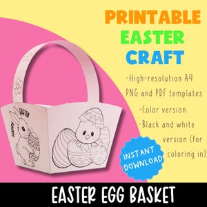 May include: Printable Easter egg basket craft template. The template features a chick and an egg with a bunny holding an egg. The template is available in color and black and white versions. Instant download.