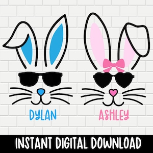 May include: Two Easter bunny silhouettes with sunglasses, one with blue ears and the name "DYLAN" and the other with pink ears and the name "ASHLEY".