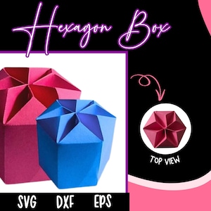 May include: Two hexagon-shaped boxes, one pink and one blue, are displayed against a black background with pink accents. The boxes have a geometric design. The image also includes the text "Hexagon Box" and file type indicators.