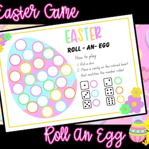 Puede incluir: Un tablero de juego de Pascua imprimible con un diseño de huevo rosa e instrucciones para tirar un dado y colocar un caramelo en el corazón de color correspondiente. El texto dice "Easter Roll-An-Egg".