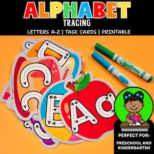May include: Alphabet tracing task cards with letters A-Z. The cards feature colorful designs and dotted lines for tracing. Two dry erase markers are included. The image also includes the text "Perfect for: Preschool and Kindergarten."