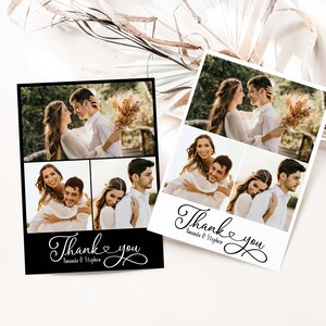 Gepersonaliseerde bruiloft bedankkaarten met foto's, afgedrukte dank u bruiloft fotokaarten, dank u ansichtkaarten, zwart en wit, minimaal