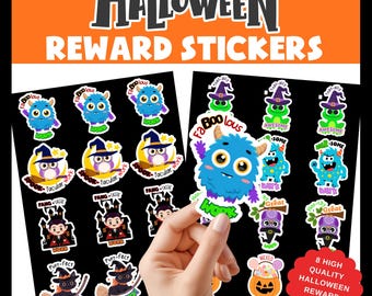 Könnte beinhalten: Halloween-Belohnungsaufkleber mit verschiedenen Cartoon-Monstern, Eulen und Kürbissen. Die Aufkleber tragen Sätze wie "Awesome", "Work" und "Purr-fect". Das Bild enthält den Text "Halloween Reward Stickers" und "8 High Quality Halloween Reward Stickers".