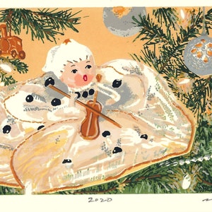 Set of 5, Beautiful, Hand Screened, Signed Serigraph, Christmas Card Art