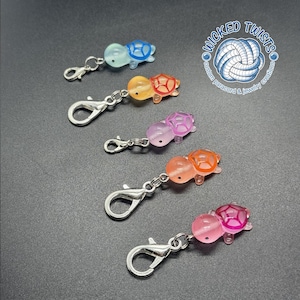 May include: Five colorful turtle charms with silver lobster clasps. The turtles are translucent and have a painted design. The charms are arranged in a vertical line, with the blue turtle at the top and the pink turtle at the bottom.