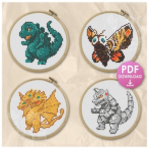 Chibi Godzilla & Friends - Mini 4 Inch Digital Printable PDF Cross Stitch Pattern Book - Gojira, Mothra, King Ghidorah and MechaGodzilla