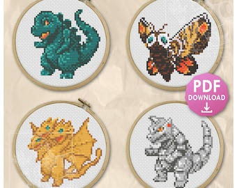 Chibi Godzilla & Friends - Mini 4 Inch Digital Printable PDF Cross Stitch Pattern Book - Gojira, Mothra, King Ghidorah and MechaGodzilla