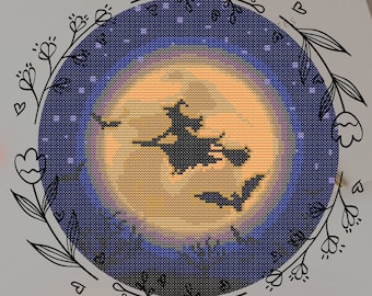 Halloween Witch on a broomstick Cross Stitch Pattern, Instant Download PDF, HALLOWEEN Counted Cross Stitch, Embroidery Pattern, PDF Pattern