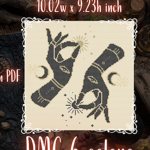 May include: Cross stitch pattern featuring two black hands with eyes, holding a glowing star. The pattern is 10.02 inches wide and 9.23 inches high and uses 6 DMC colors. The pattern is labeled "pattern PDF".