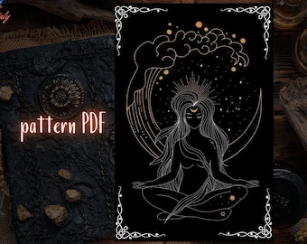 May include: Cross stitch pattern featuring a woman meditating in a crescent moon with a wave and stars. The pattern is 5.73 inches wide by 8.16 inches high and uses 3 DMC colors. The pattern is labeled "pattern PDF".