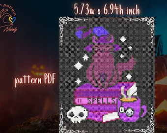 Patrón de punto de cruz de gato brujo, bordado de Halloween (patrón en PDF)