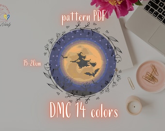 Witch on a broomstick Cross Stitch Pattern, Instant Download PDF, Counted Cross Stitch, Embroidery Pattern, PDF Pattern
