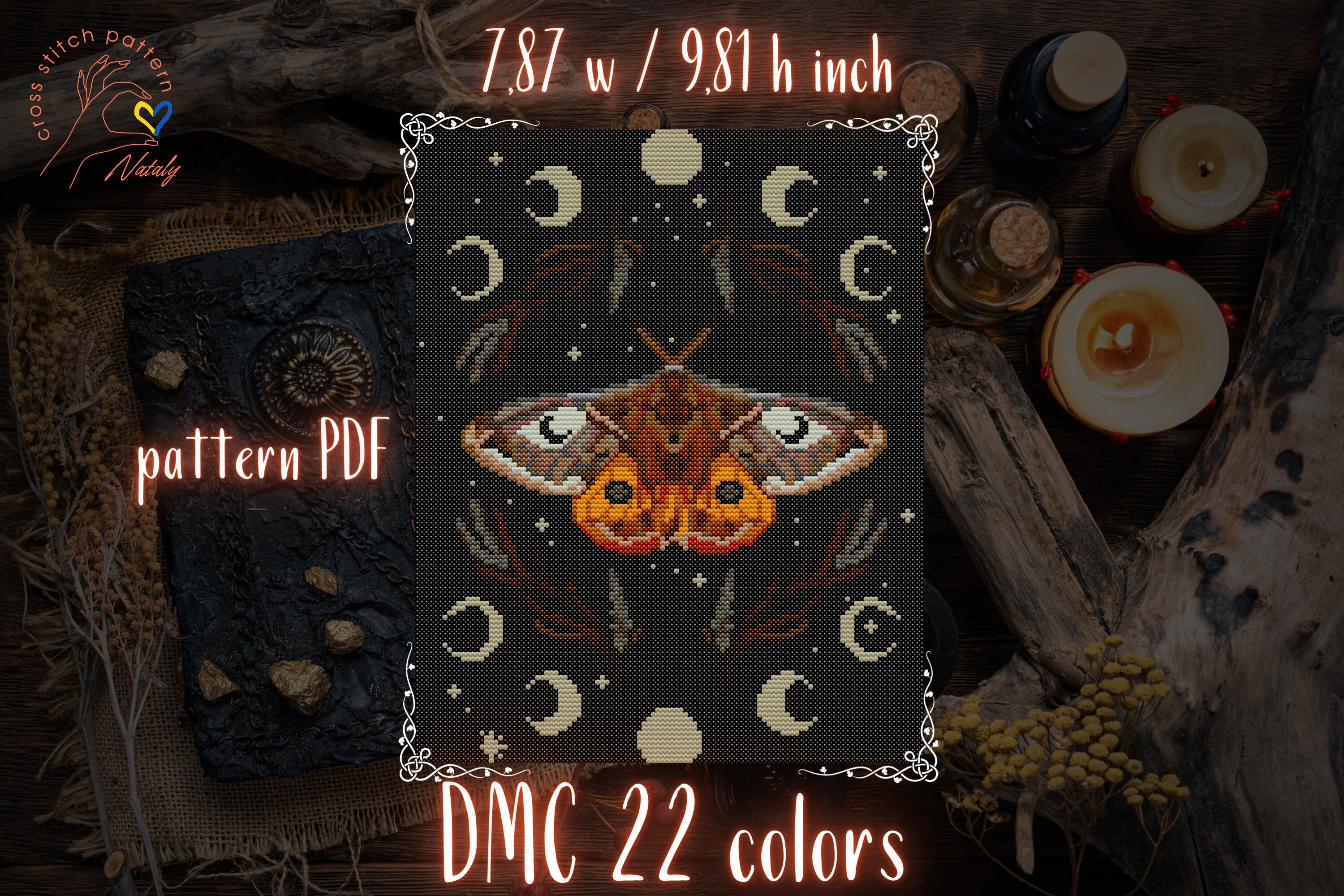 Luna Moth Butterfly Cross Stitch Pattern Moon Phase Embroidery Modern ...