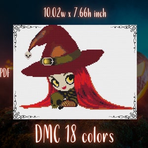 May include: Cross stitch pattern PDF of a red-haired witch with a red and green hat holding a skull. The pattern uses 18 DMC colours and measures 10.02 inches wide by 7.66 inches high.