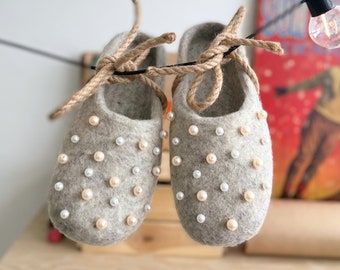 Felted Wool Slippers Indoor Shoes for Women Housewarming Gift Handmade Slippers Eco Friendly Gift For Her Pearls Winter Gifts